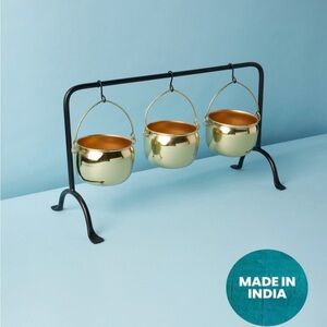 Broomstick Blvd Halloween Gold Metal Cauldrons with Iron Stand New